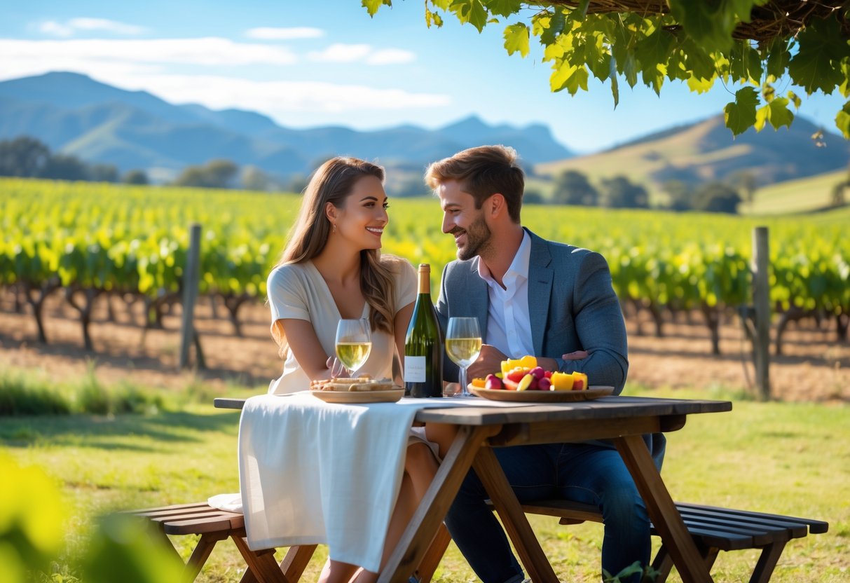 A couple enjoying a picnic at a vineyard with grapevines and hills in the background on a sunny day.