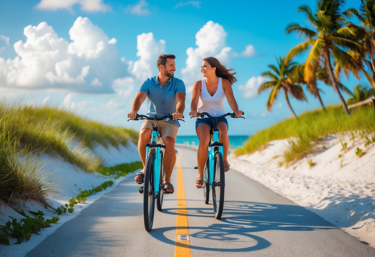A couple riding bicycles together along a coastal bike trail with the beach and ocean in the background.