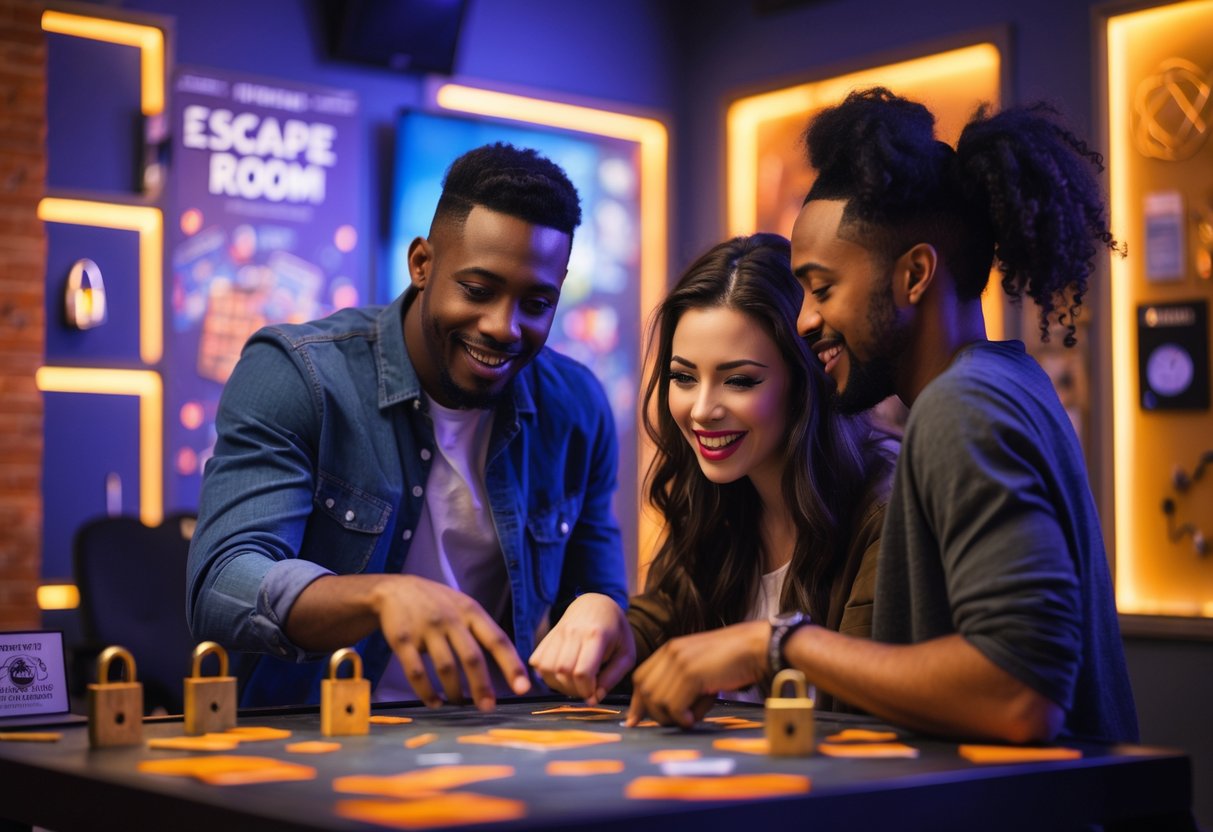 A young couple working together to solve puzzles in an escape room.