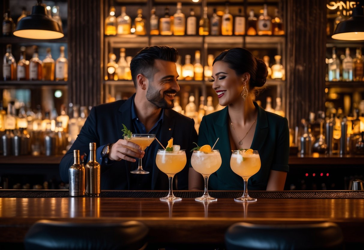 A couple enjoying cocktails together at a dimly lit, stylish bar inside a speakeasy.