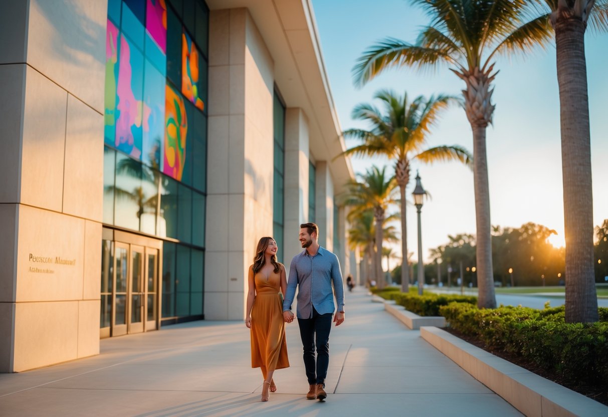 A couple walking hand in hand outside the Pensacola Museum of Art surrounded by greenery and palm trees.