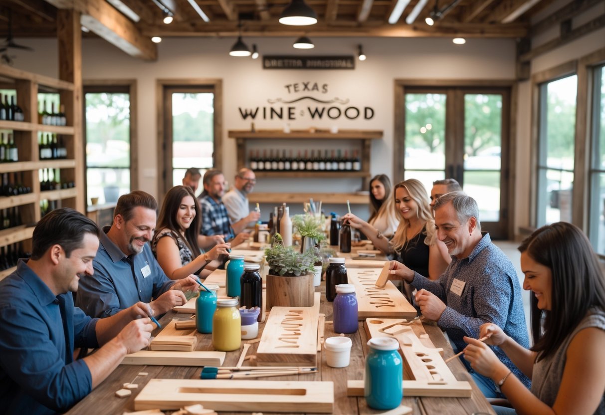 People working together on DIY wood sign projects around a wooden table in a bright workshop.