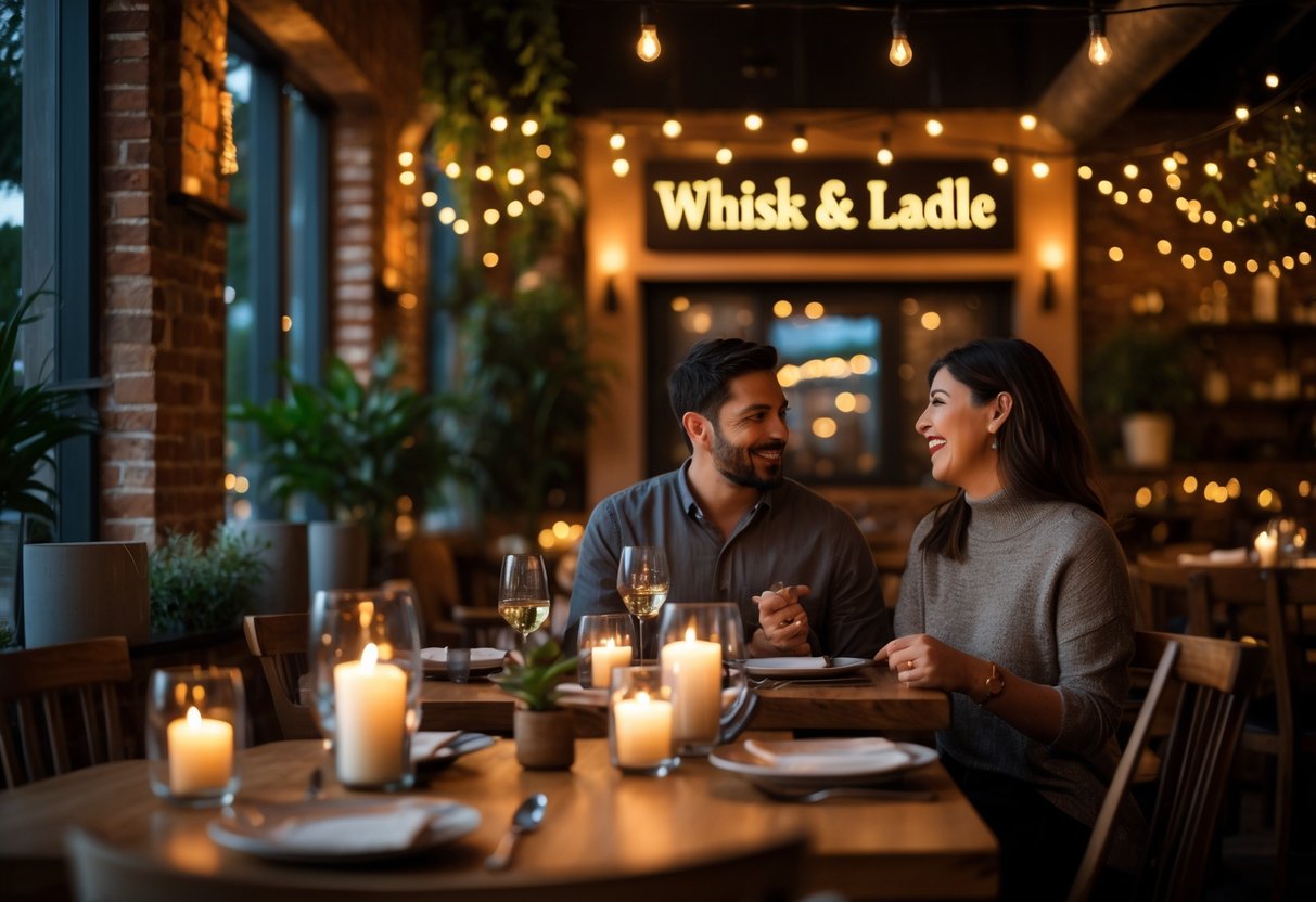 A couple enjoying a cozy dinner at a warmly lit restaurant with wooden tables and ambient lighting.