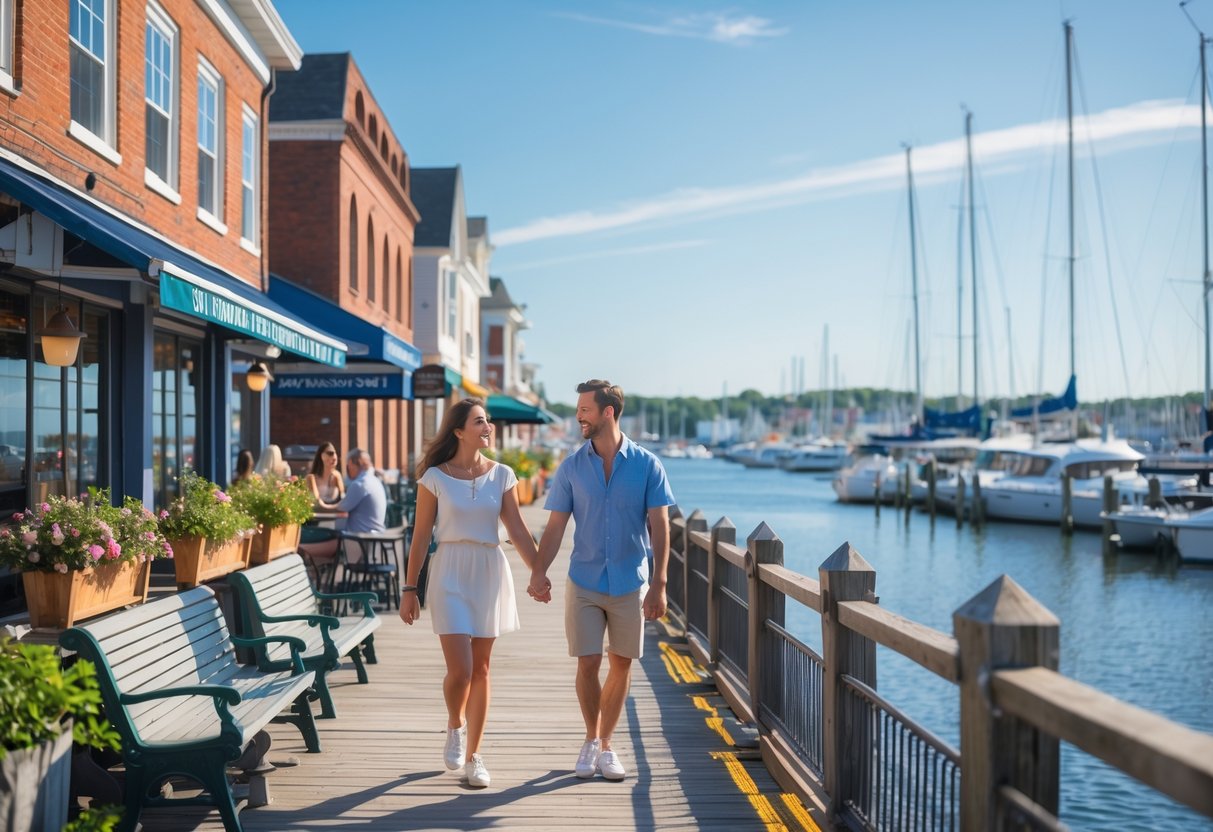 A young couple walking hand in hand along a wooden pier by the waterfront in Portsmouth, New Hampshire, with boats and historic buildings in the background.