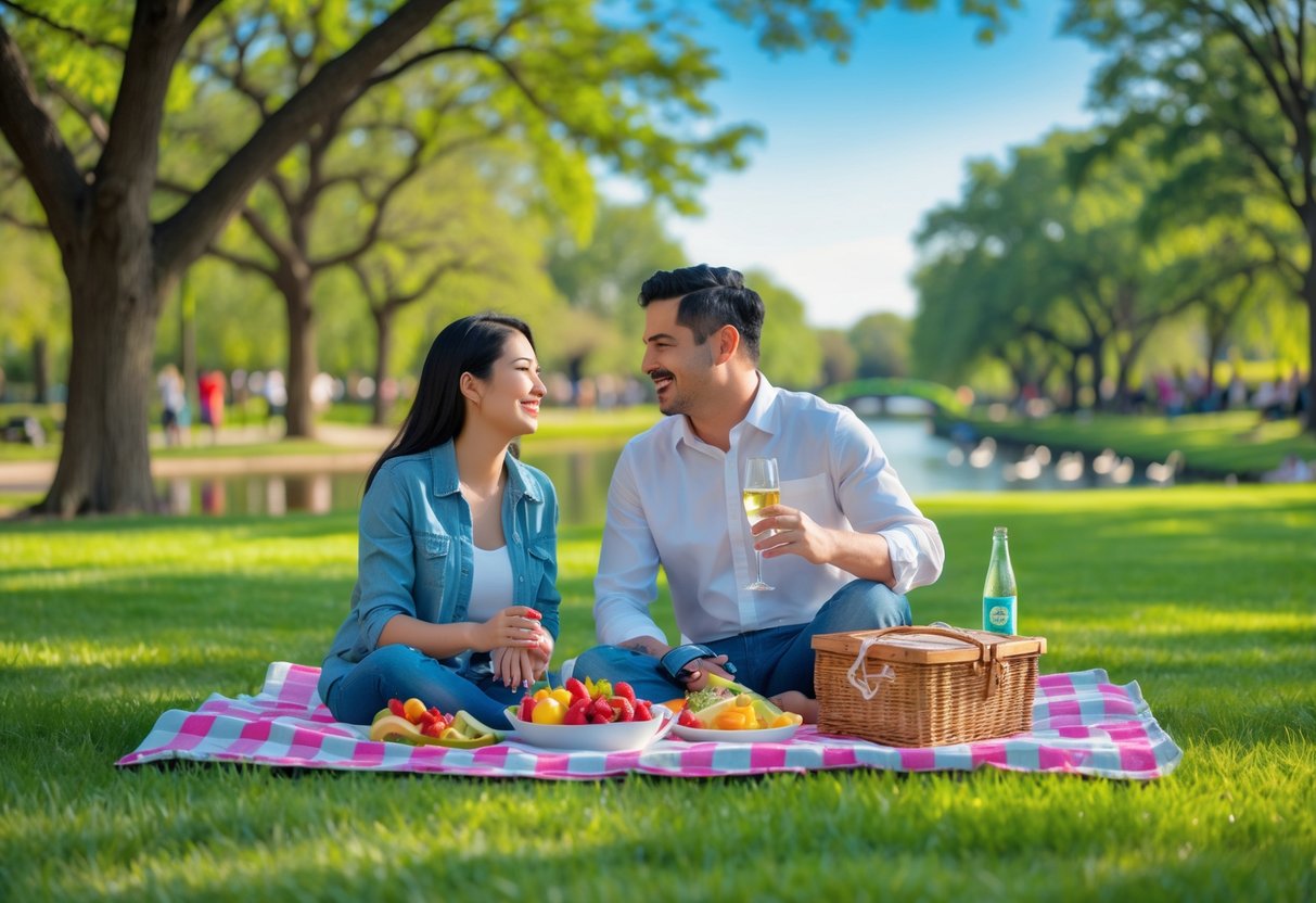 A couple having a picnic on a blanket in a green park with trees, a pond, and people walking in the background.