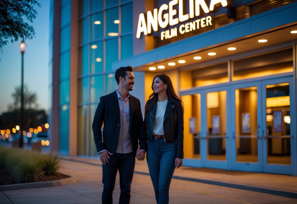 A young couple smiling and holding hands outside a modern movie theater in the evening.