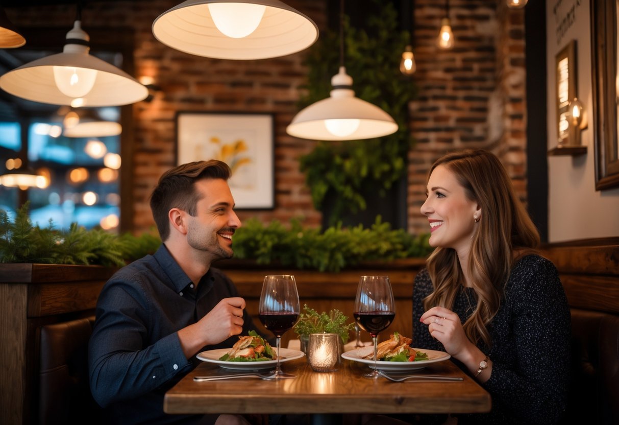 A couple enjoying a cozy dinner at a small table in a warmly lit restaurant with creative dishes and wine.
