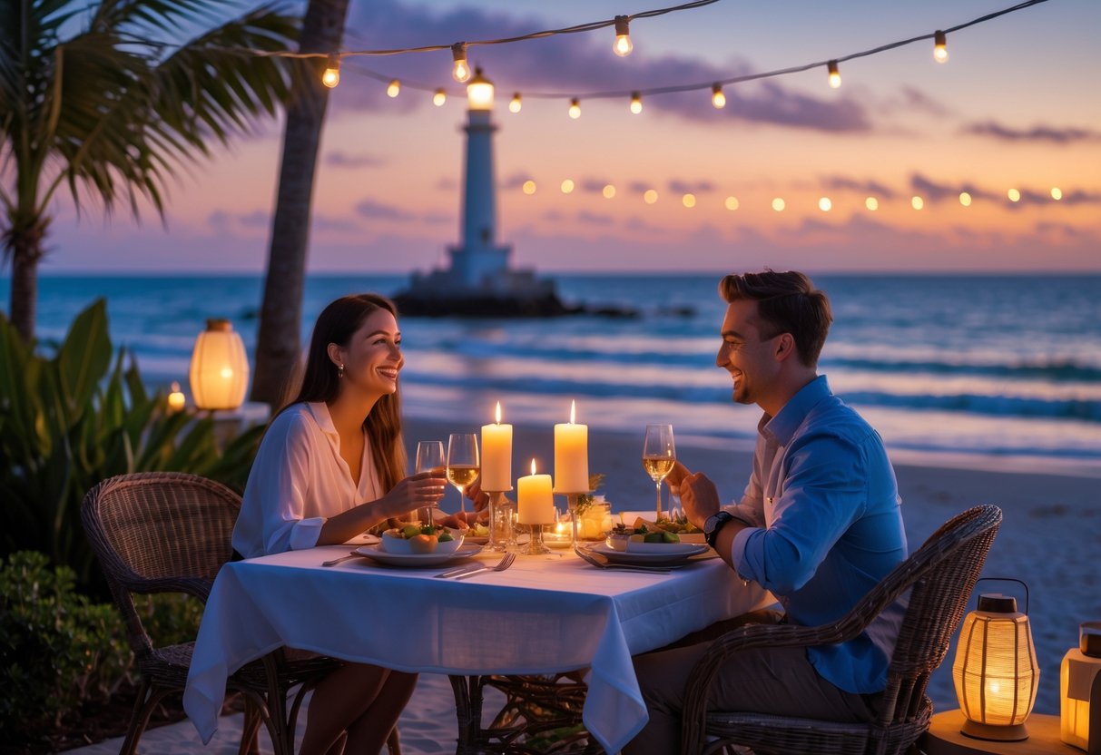 A couple enjoying a candlelit dinner outdoors by the beach at sunset with the ocean and a lighthouse in the background.