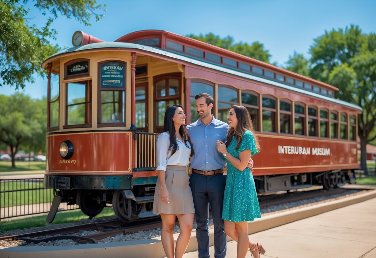 A young couple smiling near a vintage railway car outdoors with trees and blue sky in the background.