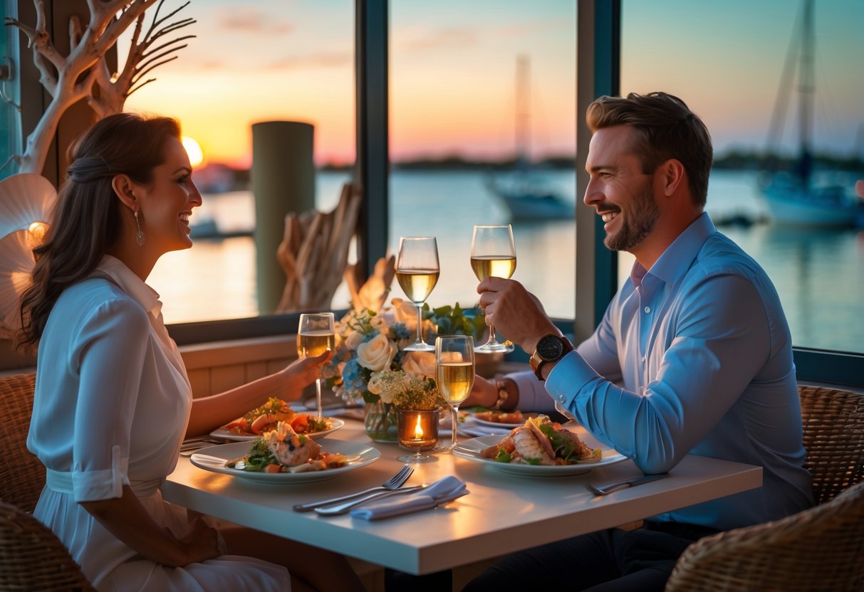 A couple enjoying a romantic dinner at a seafood restaurant by the waterfront at sunset.