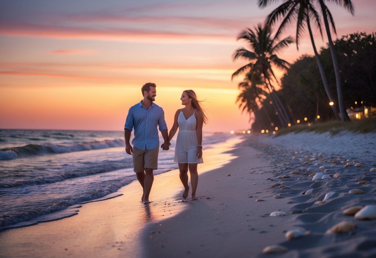 A couple walking hand in hand along the beach at sunset with waves and palm trees in the background.
