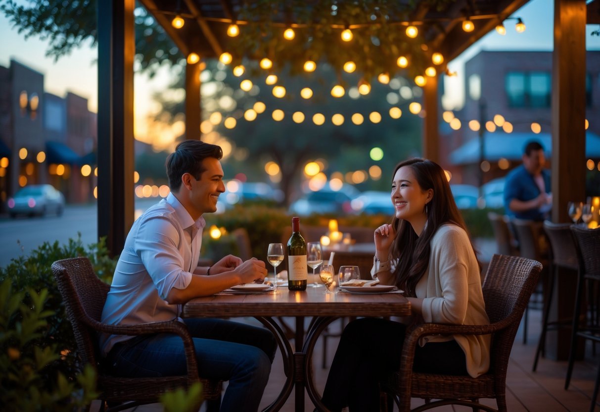 A young couple enjoying a romantic dinner at an outdoor restaurant patio in Plano, Texas during sunset.