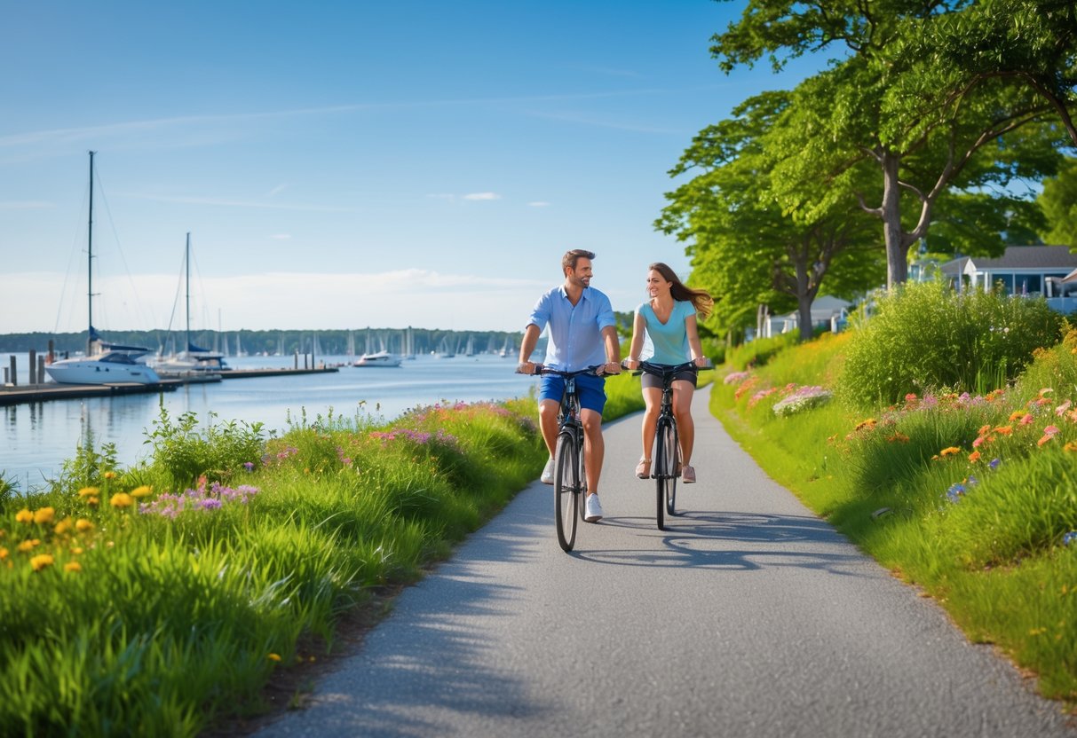 A couple riding bicycles on a trail beside calm harbor waters with trees and boats in the background.