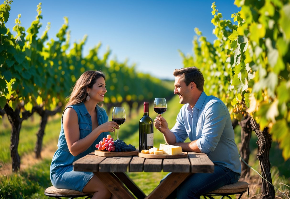 A couple enjoying wine tasting at a vineyard with grapevines in the background and a cheese platter on the table.