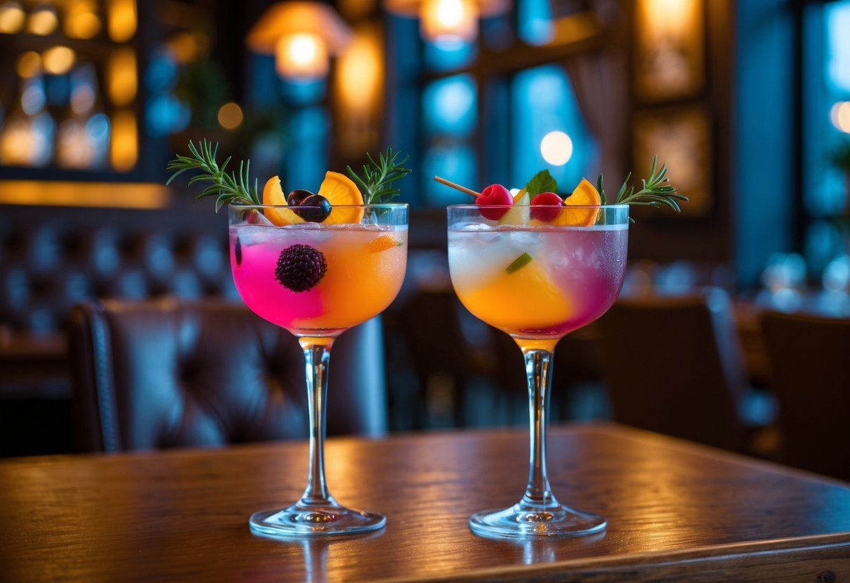 Two colorful cocktails on a wooden table in a cozy restaurant with warm lighting.