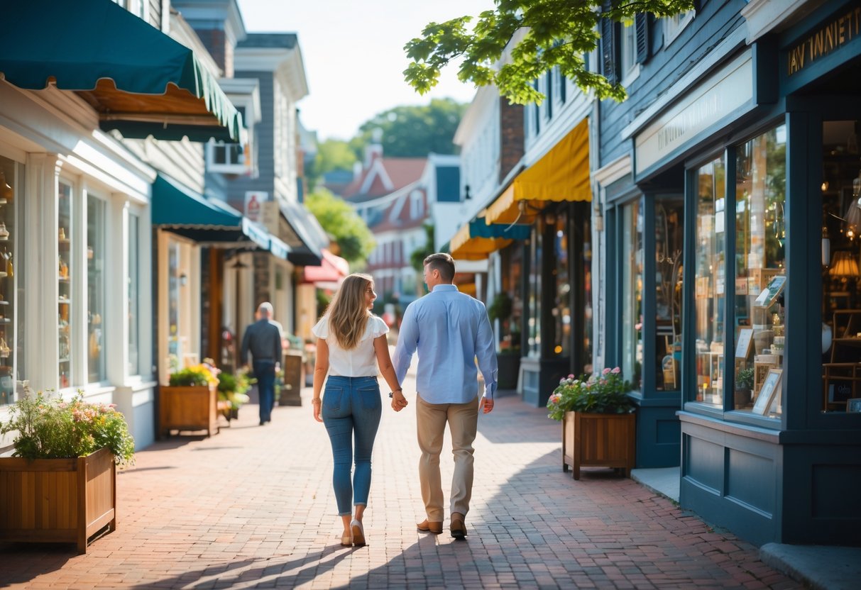 A couple walking hand in hand along a street lined with antique shops and historic buildings on a sunny day.
