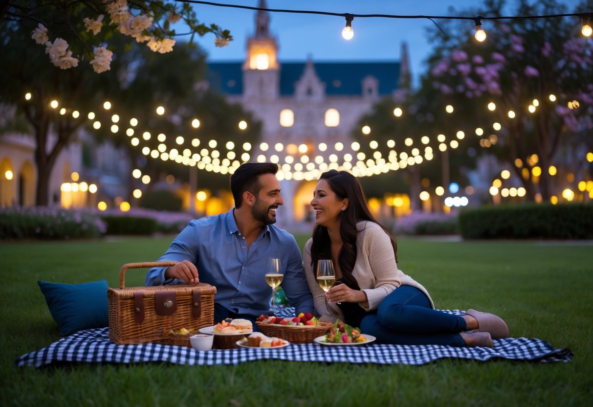 A couple enjoying a picnic on a blanket in a park with historic buildings and trees around them at dusk.