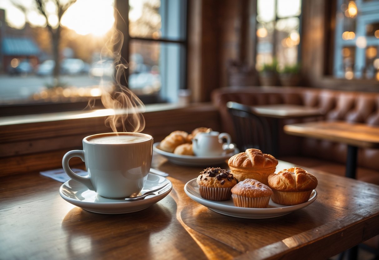 A table with coffee and pastries inside a cozy café with warm lighting.