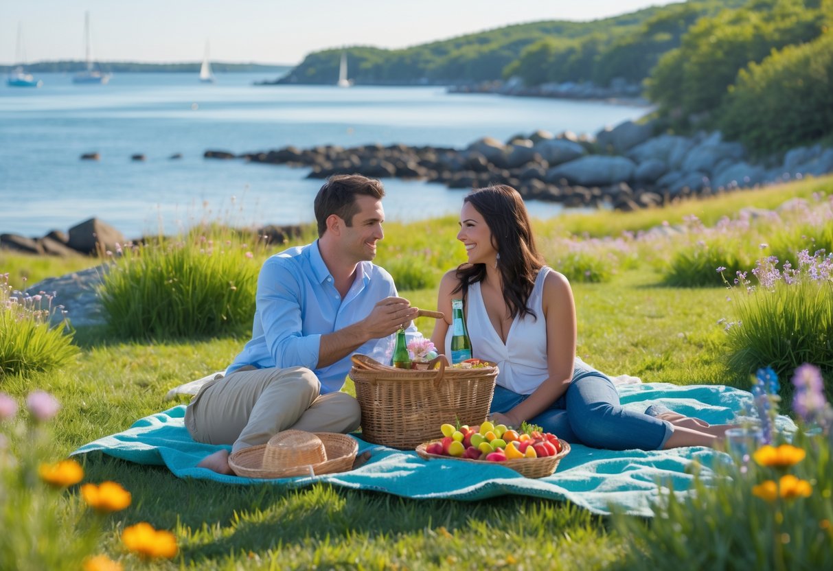 A couple having a picnic on green grass with ocean views and wildflowers at Fort Williams Park in Portsmouth, New Hampshire.