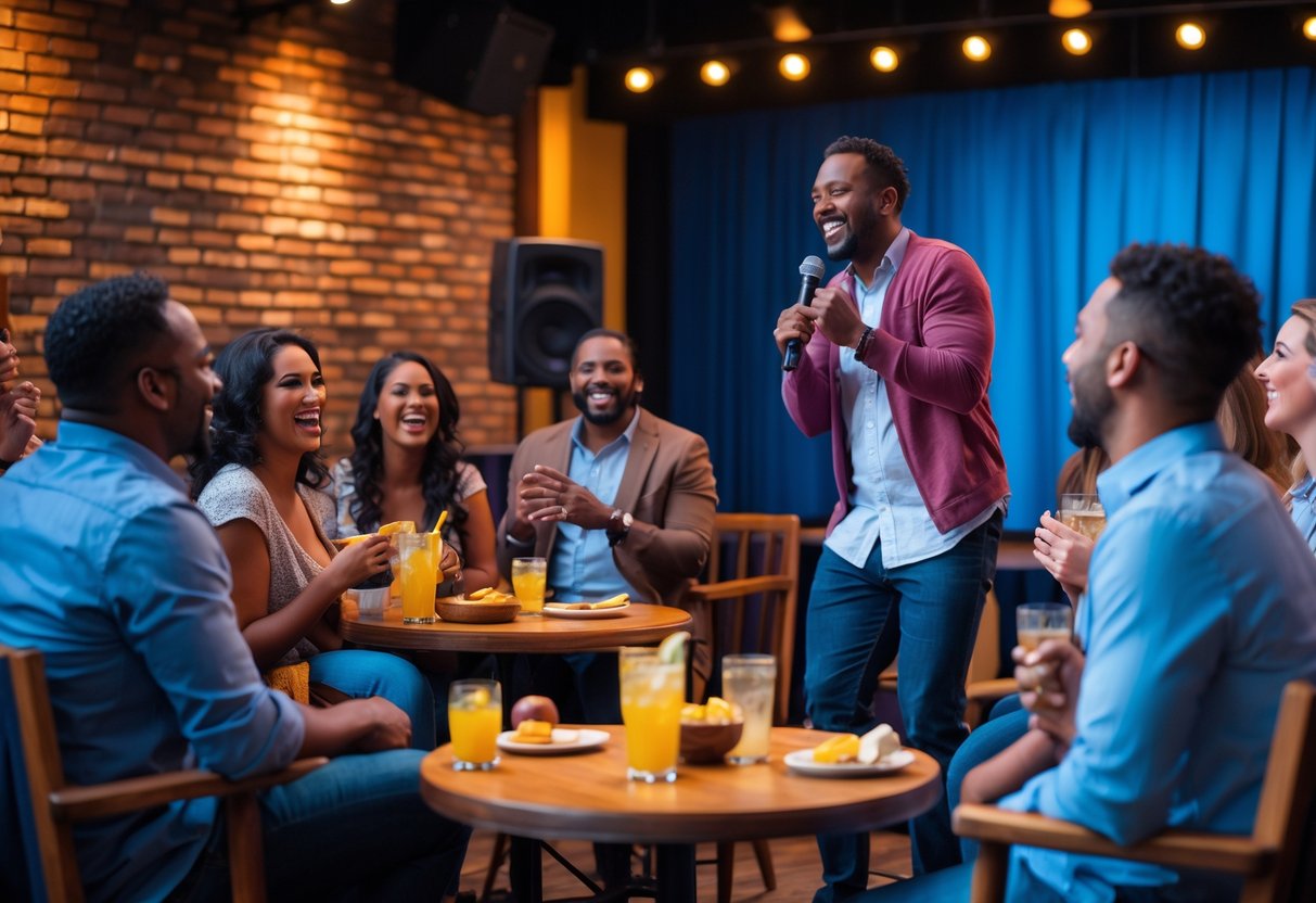 Couples enjoying a lively comedy show at a cozy theater with a comedian performing on stage.