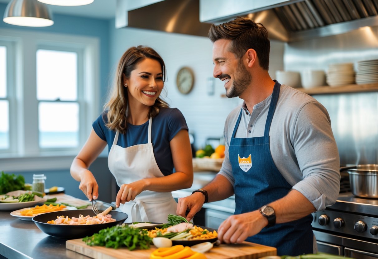 A couple cooking together in a modern kitchen, preparing seafood dishes and smiling.
