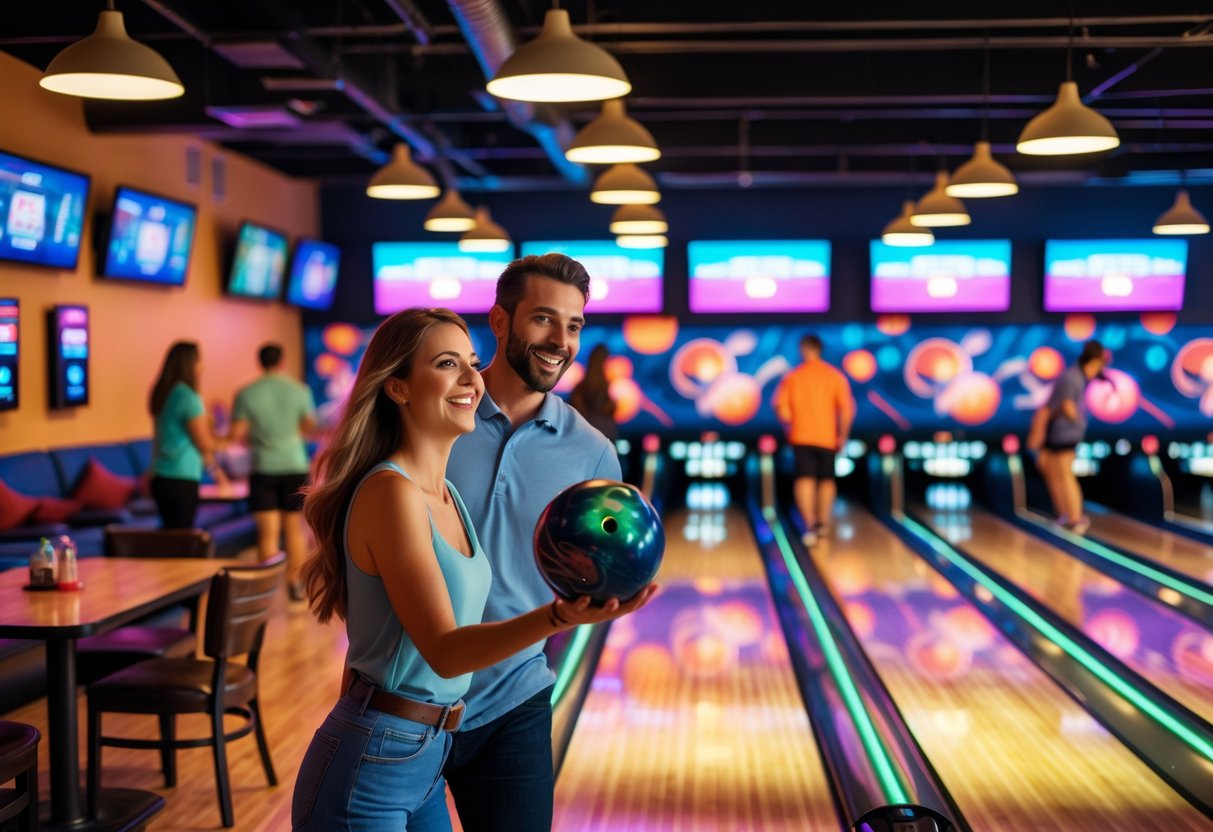 A young couple enjoying bowling together at a lively bowling alley with colorful lights and other people in the background.