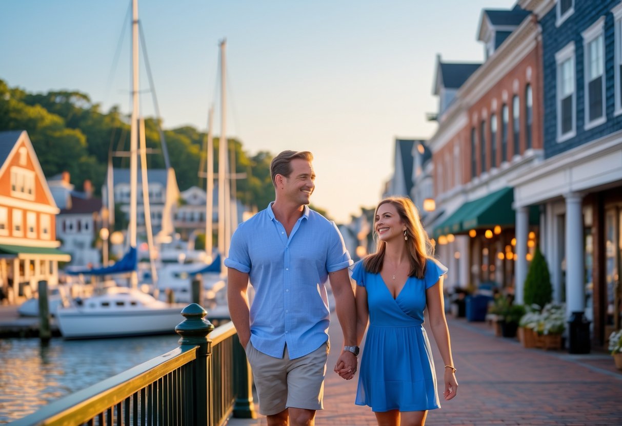A couple walking hand-in-hand along a waterfront promenade with historic buildings and sailboats in the background.
