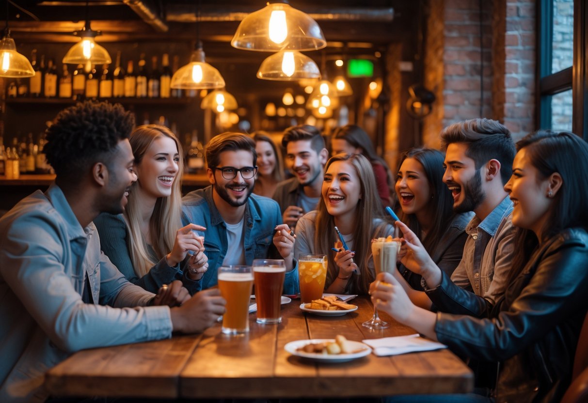 A group of young adults enjoying a trivia night together at a cozy bar, sitting around a table with drinks and snacks.
