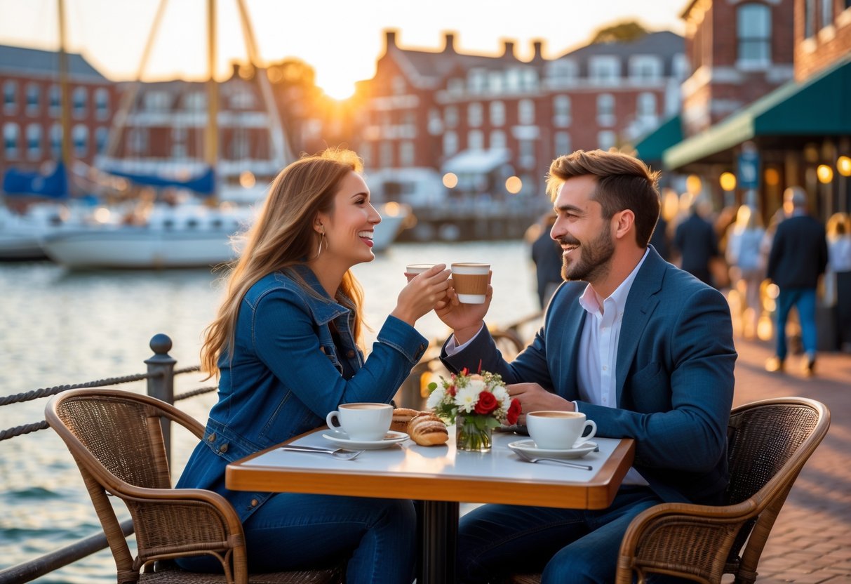 A young couple enjoying coffee at an outdoor café by the Portsmouth harbor with boats and historic buildings in the background.