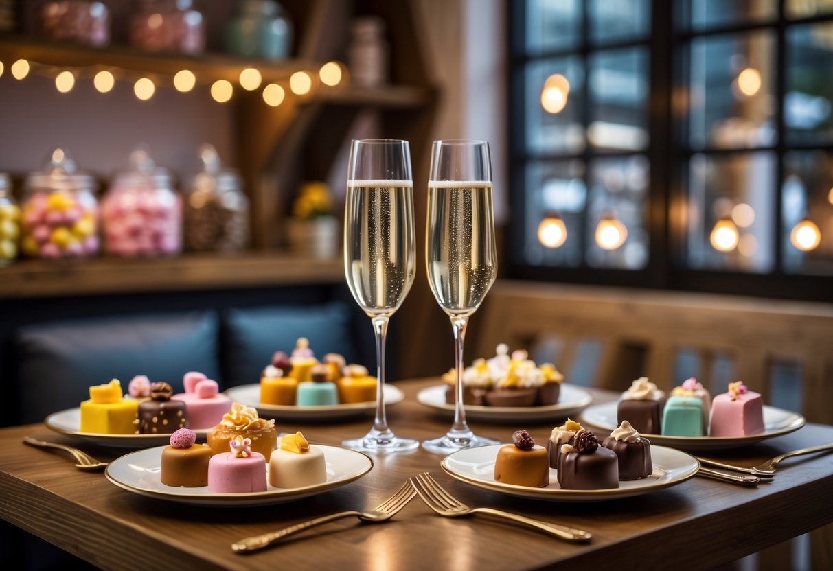 A dessert table for two with colorful candies, elegant desserts, and glasses of sparkling wine in a cozy café setting.