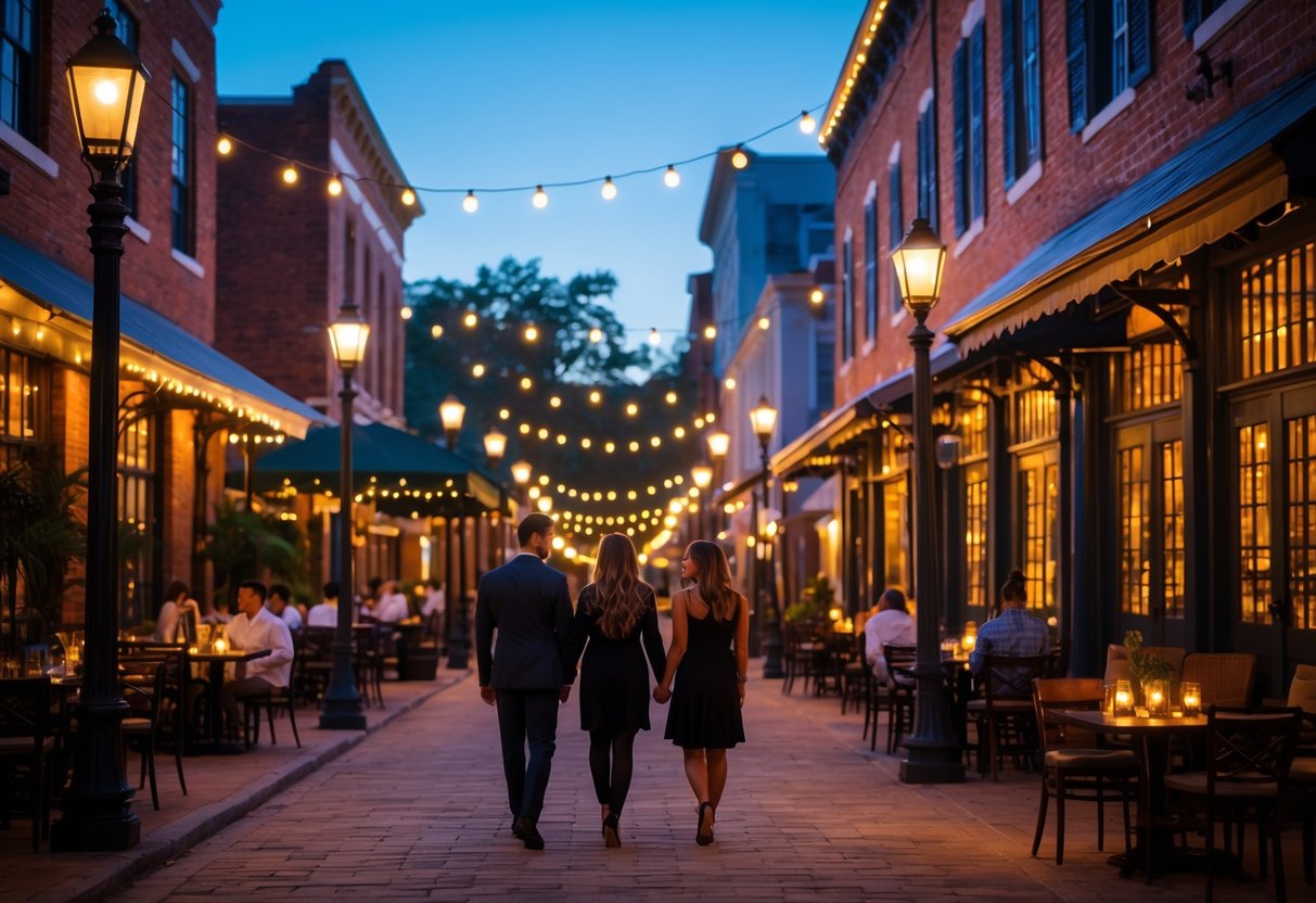 Couples walking and dining on a charming street with historic buildings and warm street lighting at twilight in downtown Pensacola.