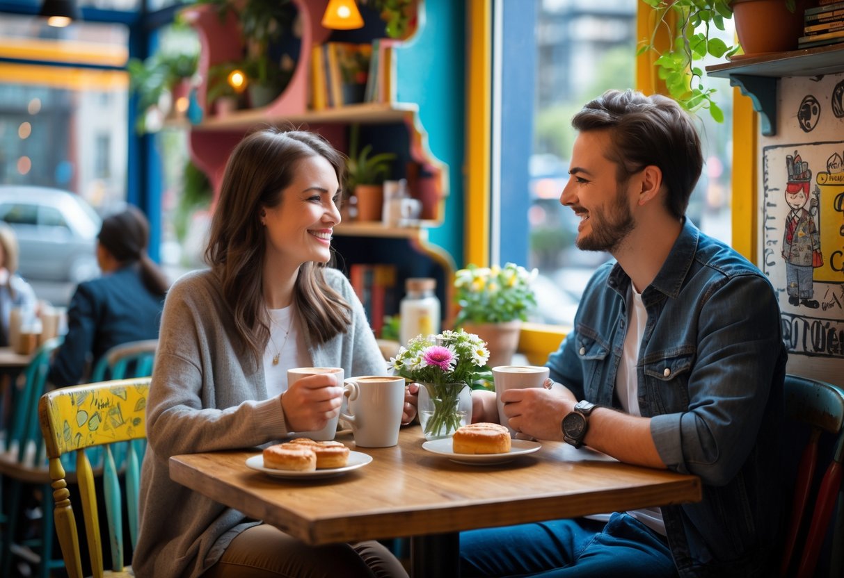 Two people having coffee and talking at a small table inside a colorful, eclectic café.