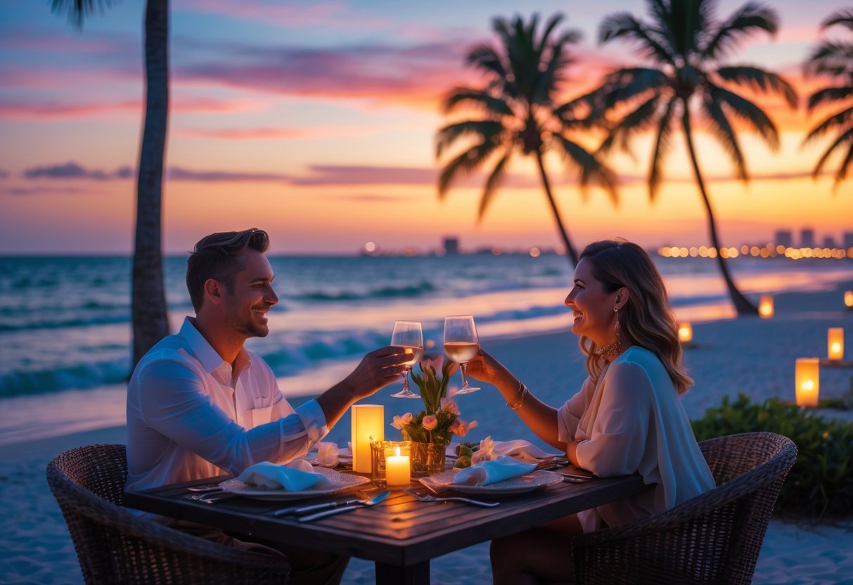 A couple holding hands and enjoying a romantic dinner by the beach at sunset with palm trees and ocean waves in the background.