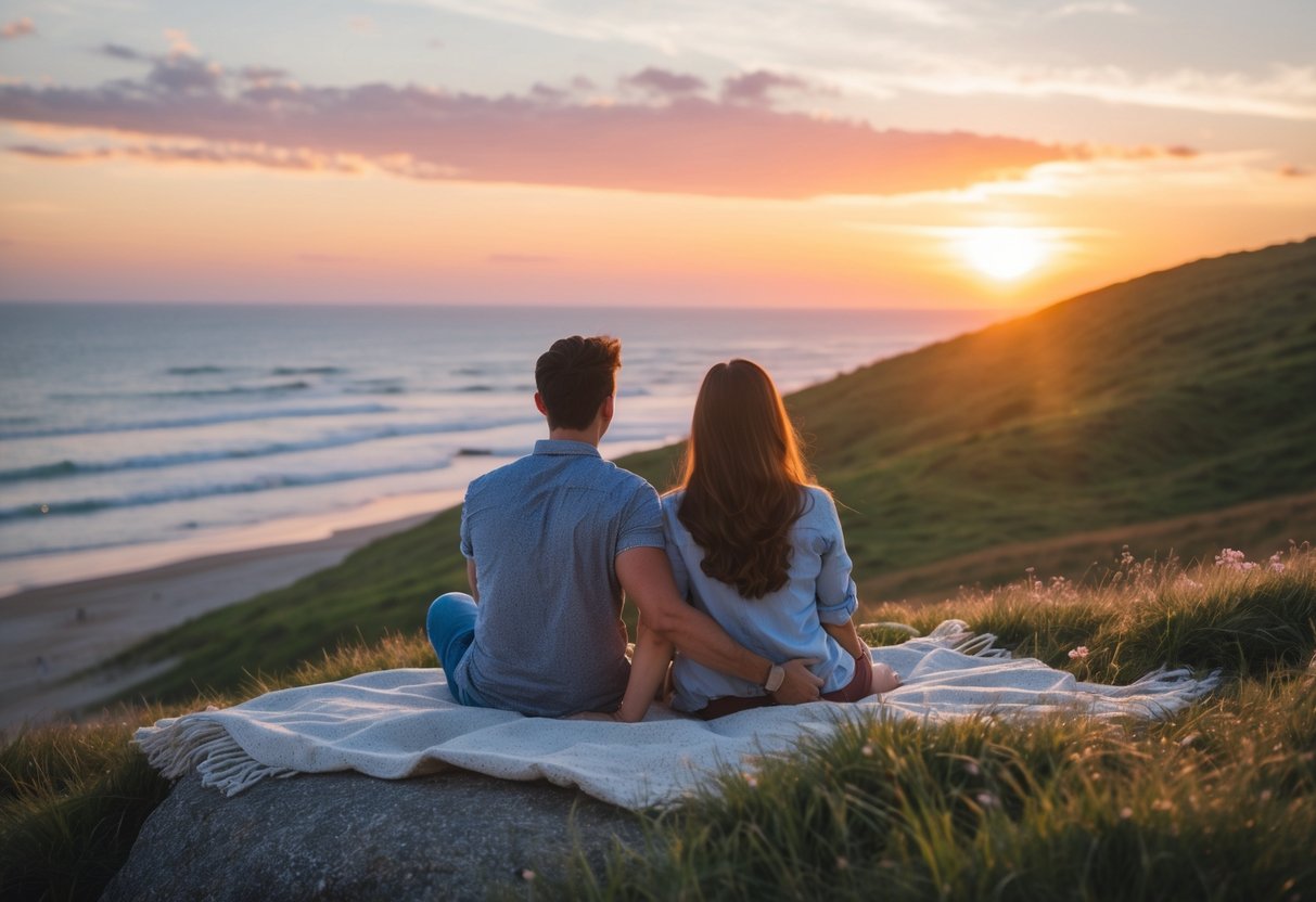 A couple sitting together watching a colorful sunset at a beach or hilltop.