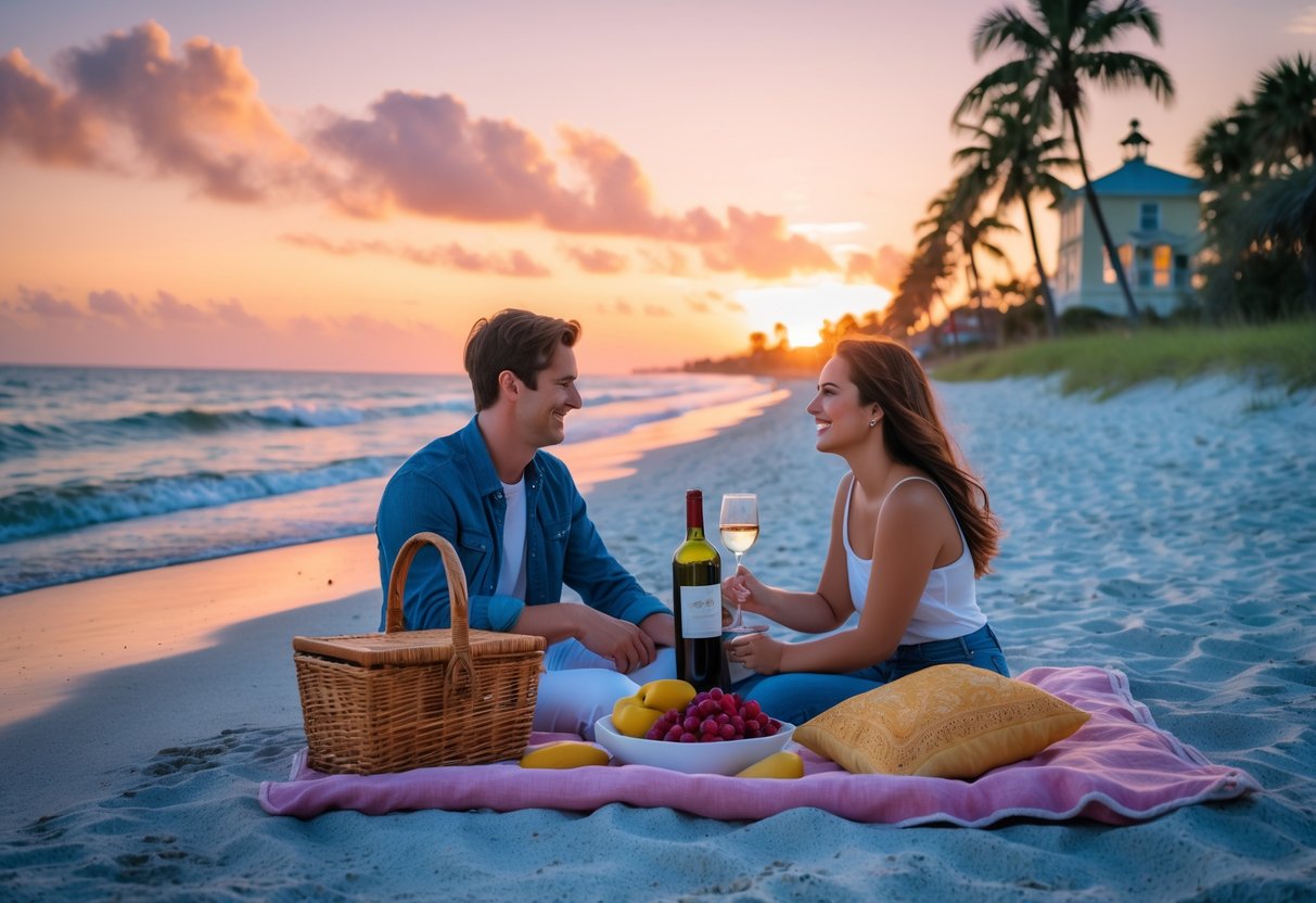 A couple having a sunset picnic on a sandy beach in Pensacola, Florida, with palm trees and a lighthouse in the background.