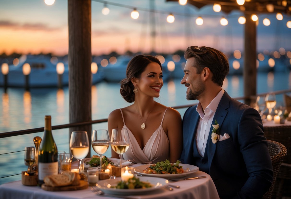 A couple enjoying a romantic outdoor dinner by the waterfront at sunset with boats and string lights in the background.