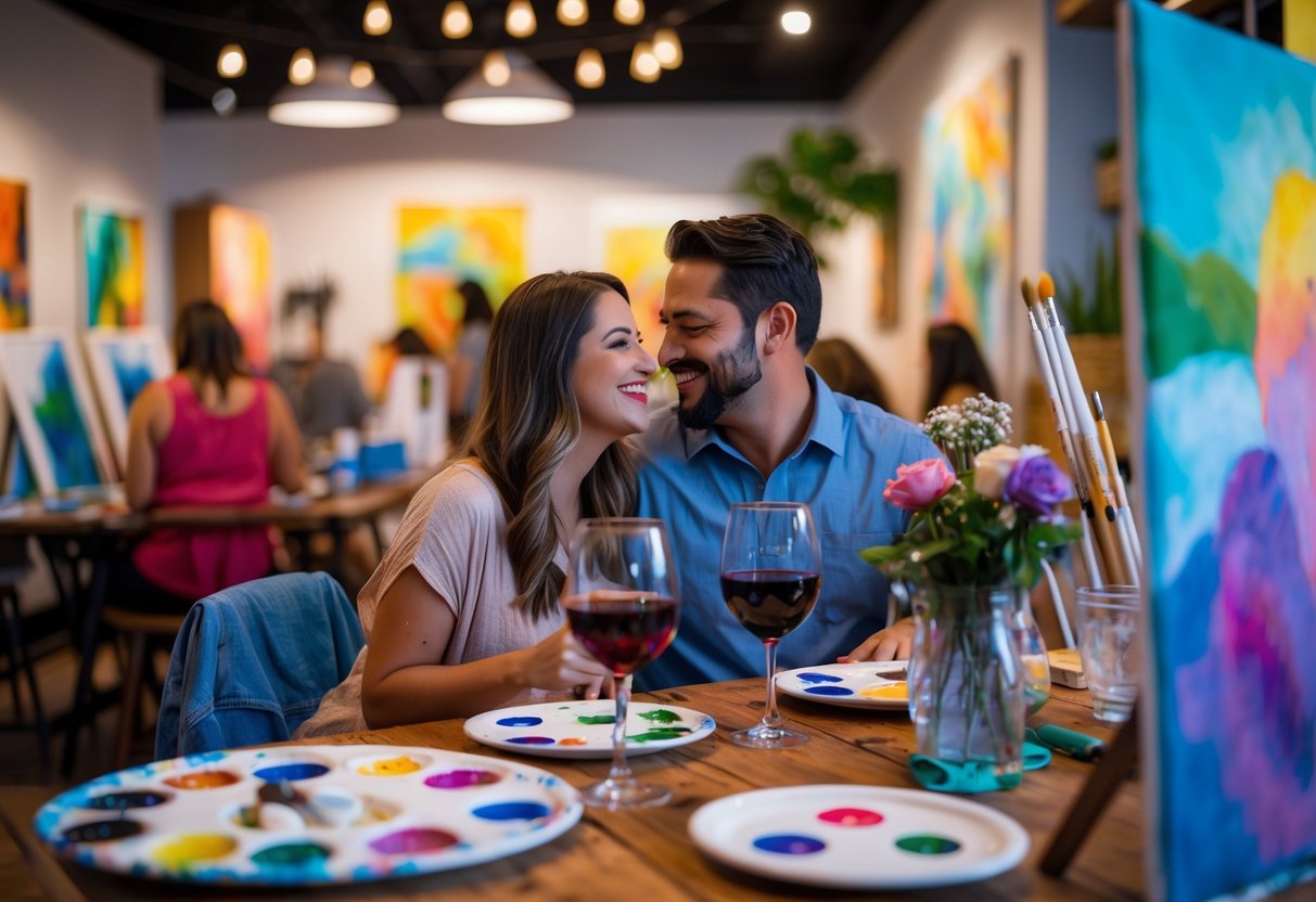 A couple painting together at a table with wine glasses and art supplies in a cozy studio setting.