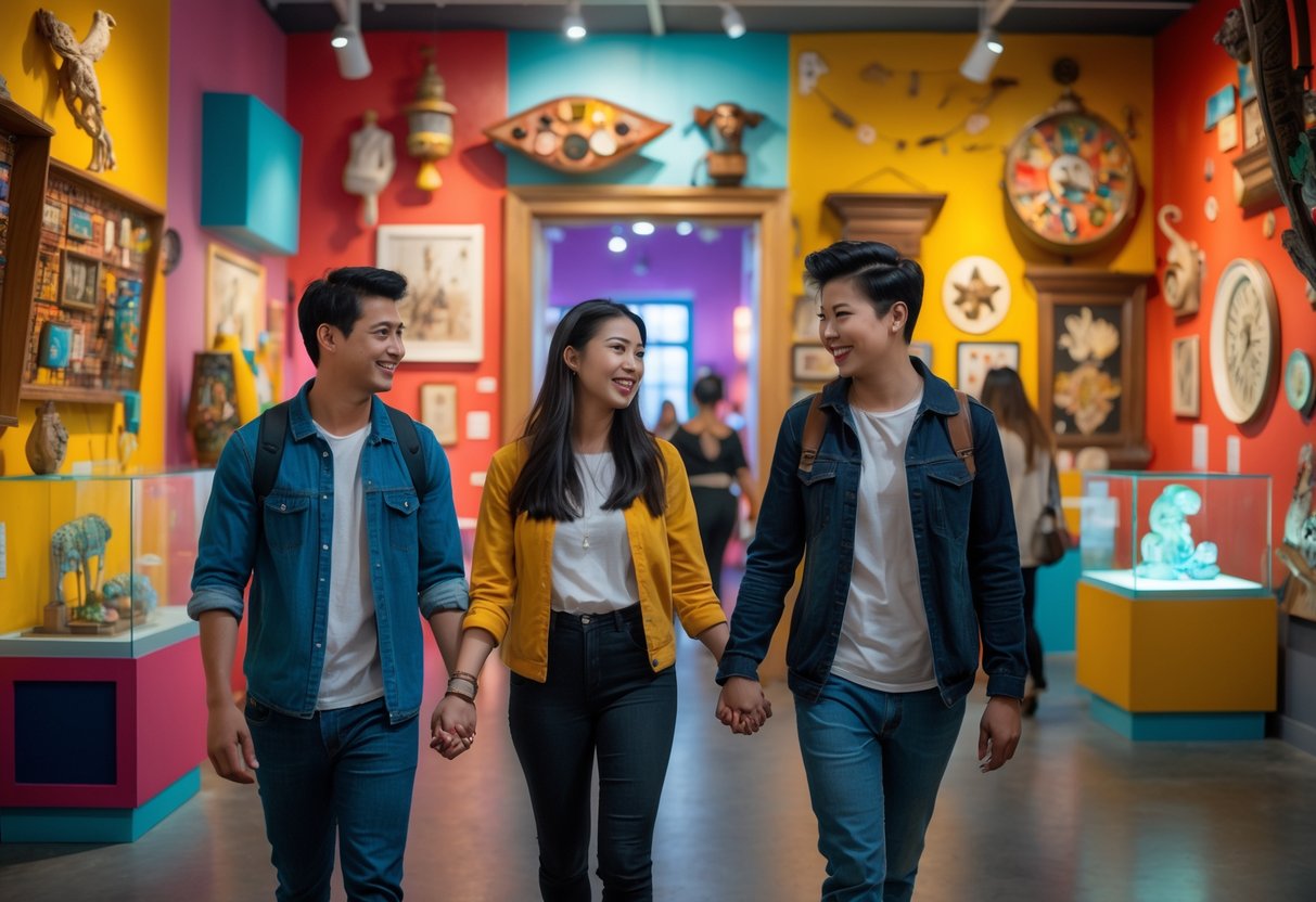 A young couple walking hand in hand through a quirky museum with colorful and unusual exhibits.