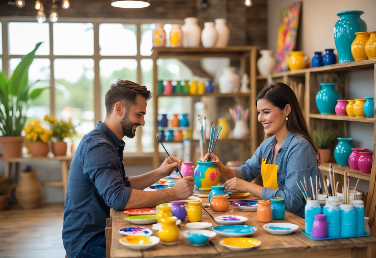 A couple painting pottery together at a bright and cozy pottery painting studio.