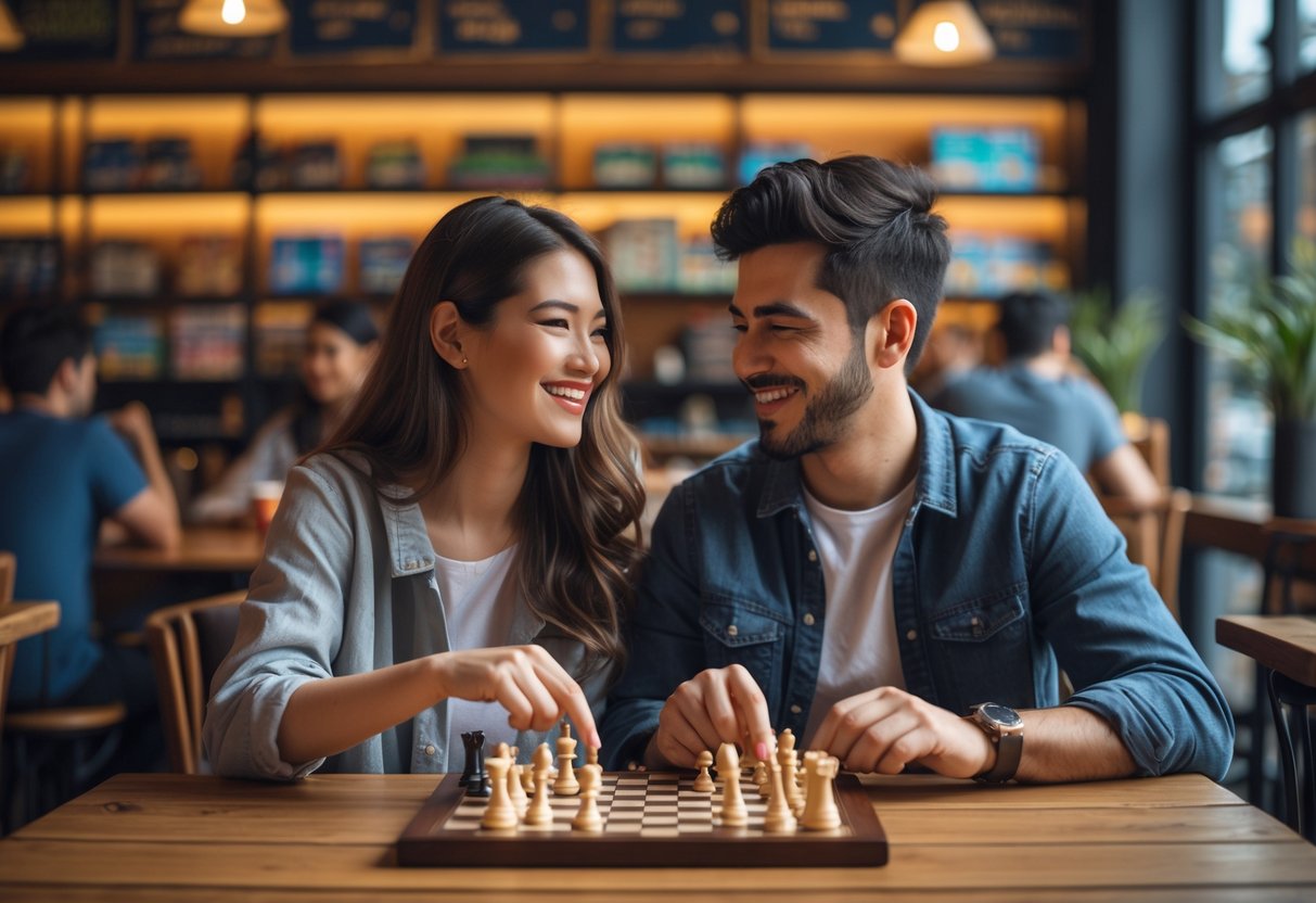 A young couple sitting at a table in a board game café, playing a board game and smiling at each other.