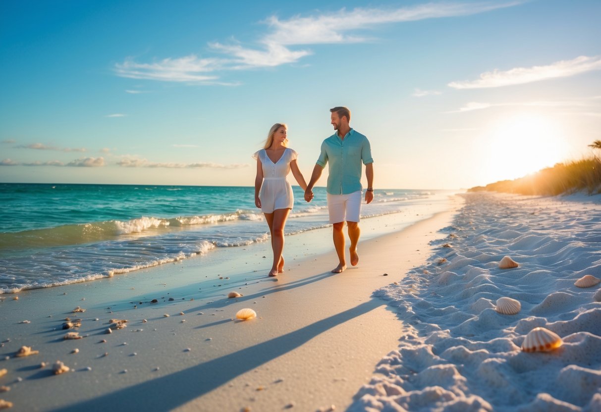 A couple walking hand-in-hand along the sandy shoreline of Pensacola Beach with gentle waves and a clear sky.