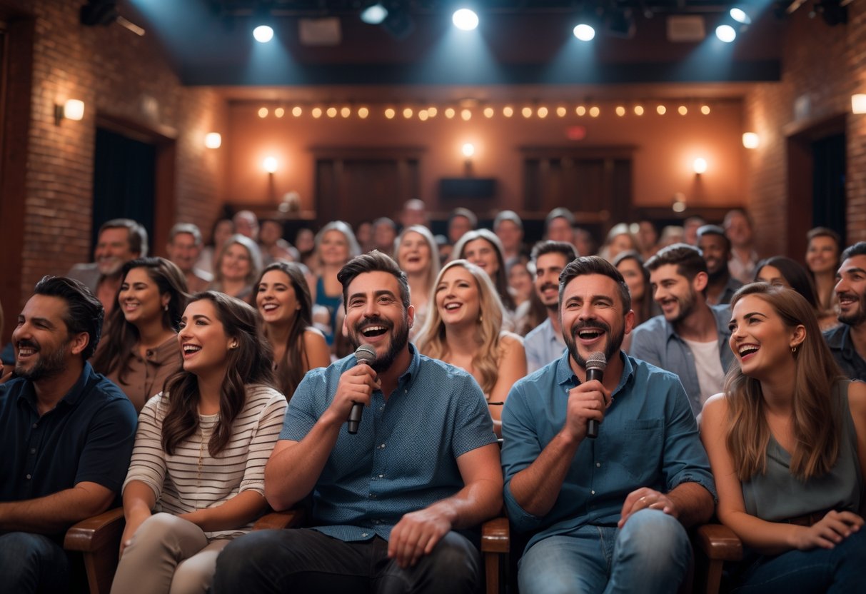 Couples and friends laughing and watching a comedian perform on stage in a cozy local theater.