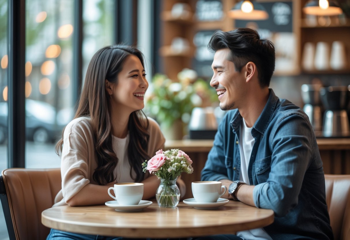 A young couple smiling and talking across a small table in a cozy café during their first date.