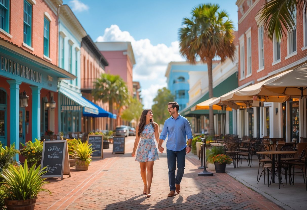 A young couple walking hand-in-hand on a brick sidewalk in historic downtown Pensacola, surrounded by colorful buildings, outdoor cafes, and palm trees on a sunny day.