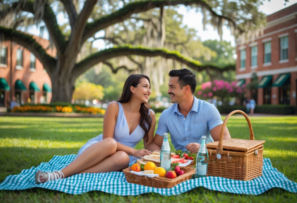A young couple having a picnic on a blanket under oak trees in a park with historic buildings and flowers in the background.