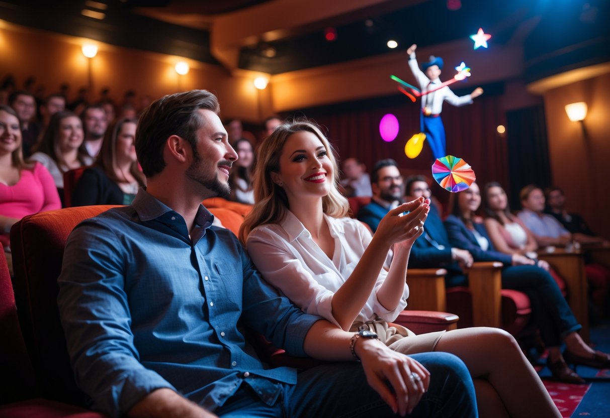 A couple watching a magician perform on stage in a small theater, smiling and enjoying the show.