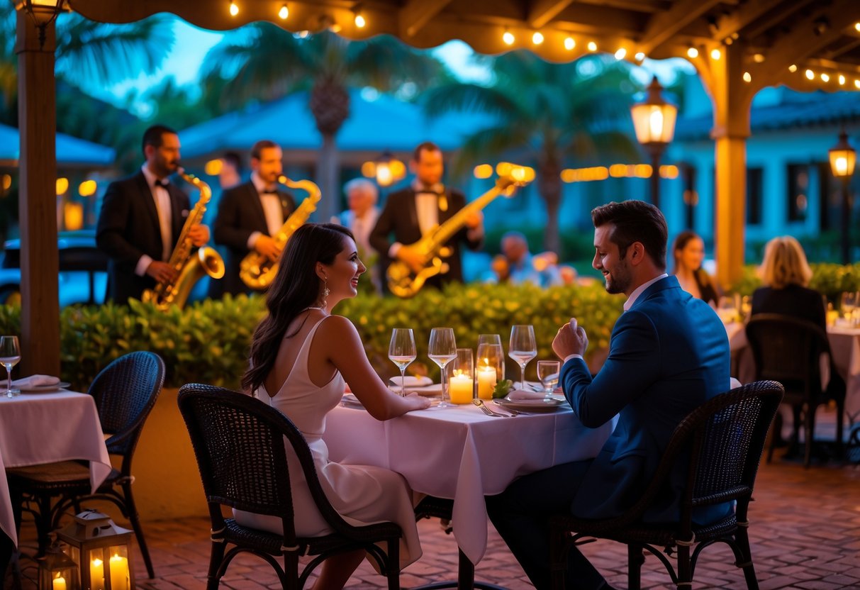 A couple enjoying a romantic dinner outdoors with a live jazz band playing in the background at Seville Quarter in Pensacola, Florida.