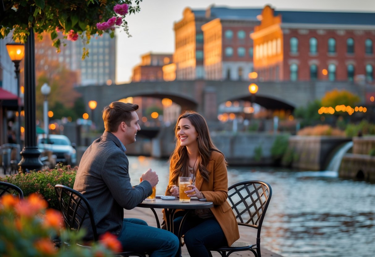 A young couple sitting at an outdoor café table near the Providence Riverwalk with city buildings and a stone bridge in the background.