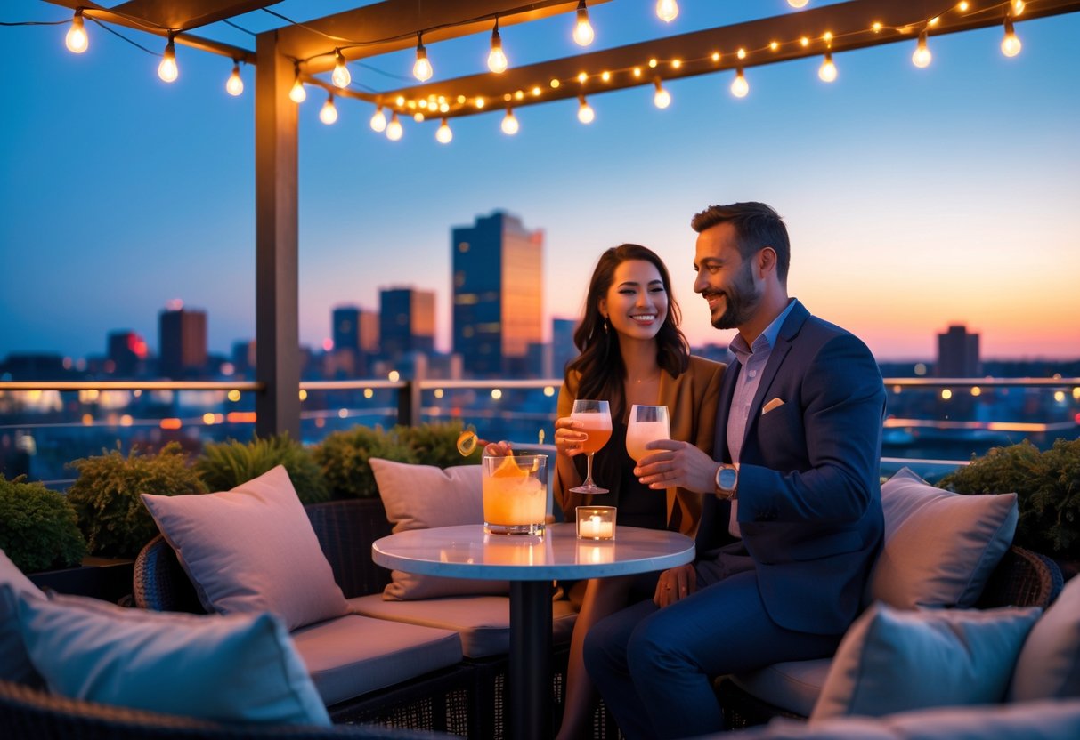 A couple enjoying drinks together on a rooftop bar overlooking the city skyline at sunset.