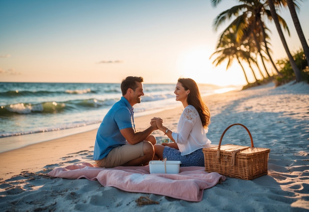 A couple sitting on a blanket having a picnic on a beach at sunset with palm trees and ocean waves in the background.